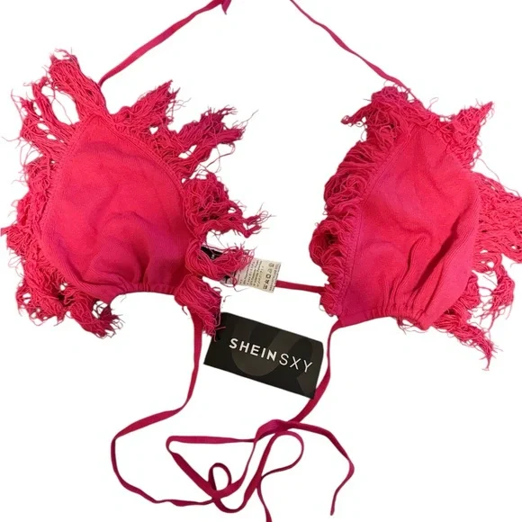 SHEIN Hot Pink Fringe Trim Halter Top & Ripped Pants Set - Picture 2 of 4